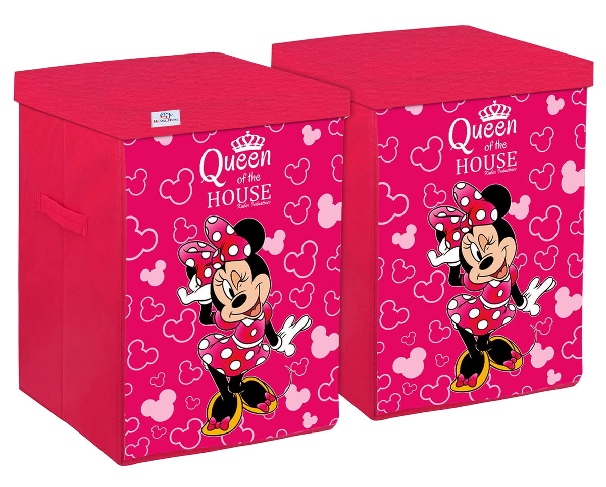 Heart Home Minnie Print Non-Woven Laundry Basket, Clothes Hamper For Laundry Closet, Bedroom, Bathroom With Lid & Handles Pack of 2 (Pink) 54HH4090.