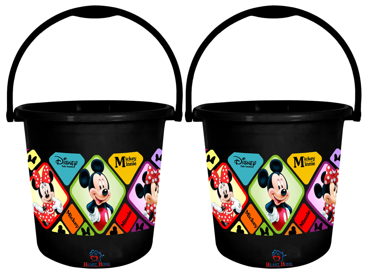 Heart Home Disney Minnie Mickey Print Unbreakable Virgin Plastic Strong Bathroom Bucket,18 LTR-Pack of 2 (Black)