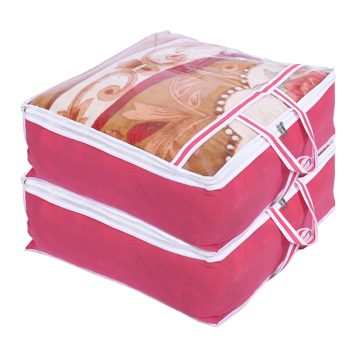 Heart Home Blanket Cover | Non-Woven Blanket Cover for Saree | Zipper Storage Bag for Clothes | Wardrobe Organizer with Top Transparent Window | Extra Large | Pack of 2 | Pink