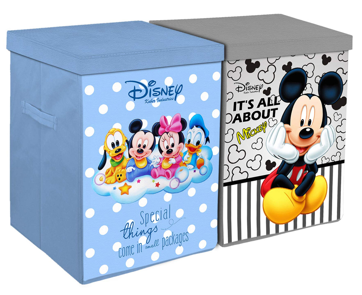 Kuber Industries Disney Print Non Woven Fabric Foldable Laundry Organiser With Lid & Handles (Set Of 2, Grey & Royal Blue)-KUBMART16295