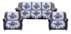 Kuber Industries Flower Design 6 Piece Cotton Sofa Cover Set - White & Blue, Standard Size (CTKTC03475)