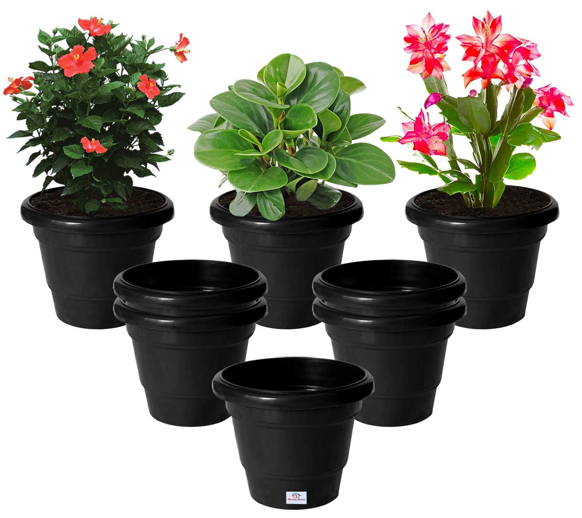 Heart Home Solid 2 Layered Plastic Flower Pot|Gamla for Home Decor,Nursery,Balcony,Garden,8"x 6",Pack of 8 (Black)