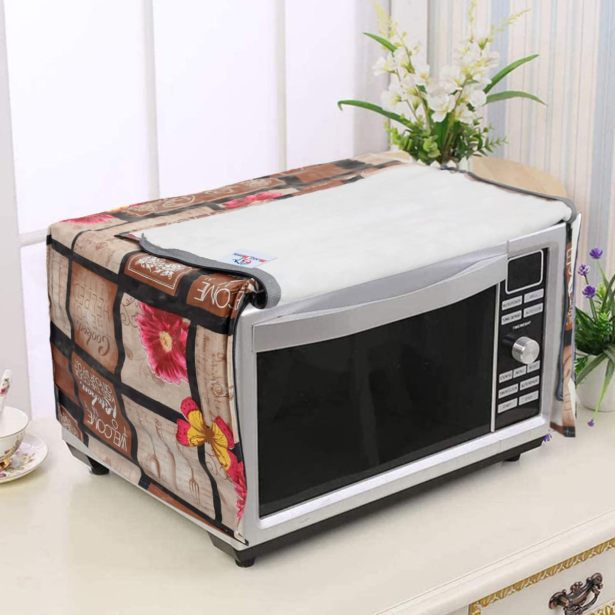 Heart Home PVC Multicheck Floral Print Microwave Oven Cover for Home & Kitchen 20 LTR. (Brown) 54HH4106.