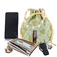 Kuber Industries Embroidery Drawstring Potli|Hand Purse with Gold Pearl Border & Handle for Woman,Girls (Green)
