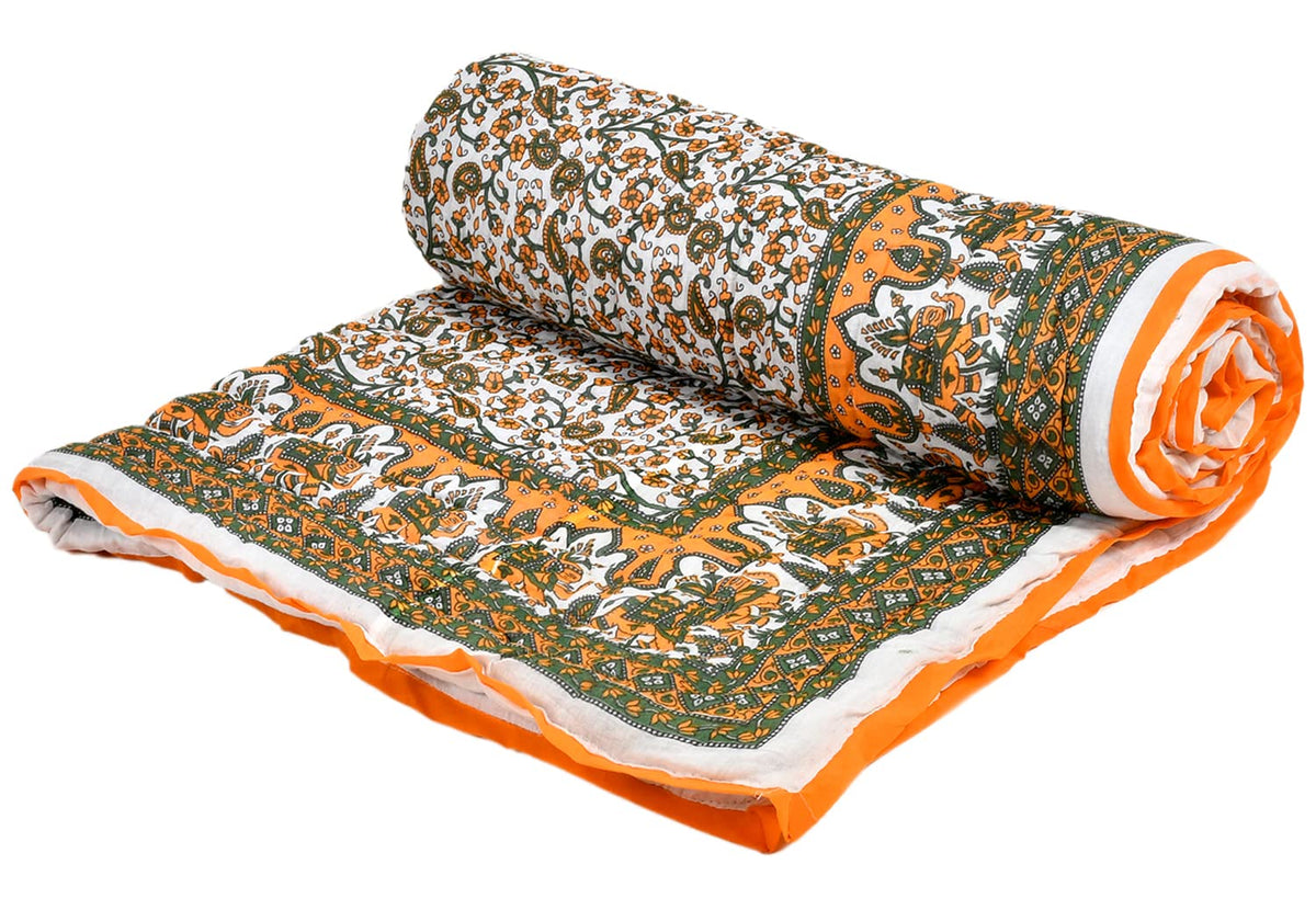 Kuber Industries Heart Home Floral Print All-Season Microfiber Microfiber Filler Cotton Reversible Single Bed Quilt, Blanket 60"x90" (Orange)-48HH014