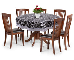 Heart Home Dot Printed 72 Inch 6 Seater PVC Round Table Cover with Lace Border (Black & White)-HS43HEARTH26596