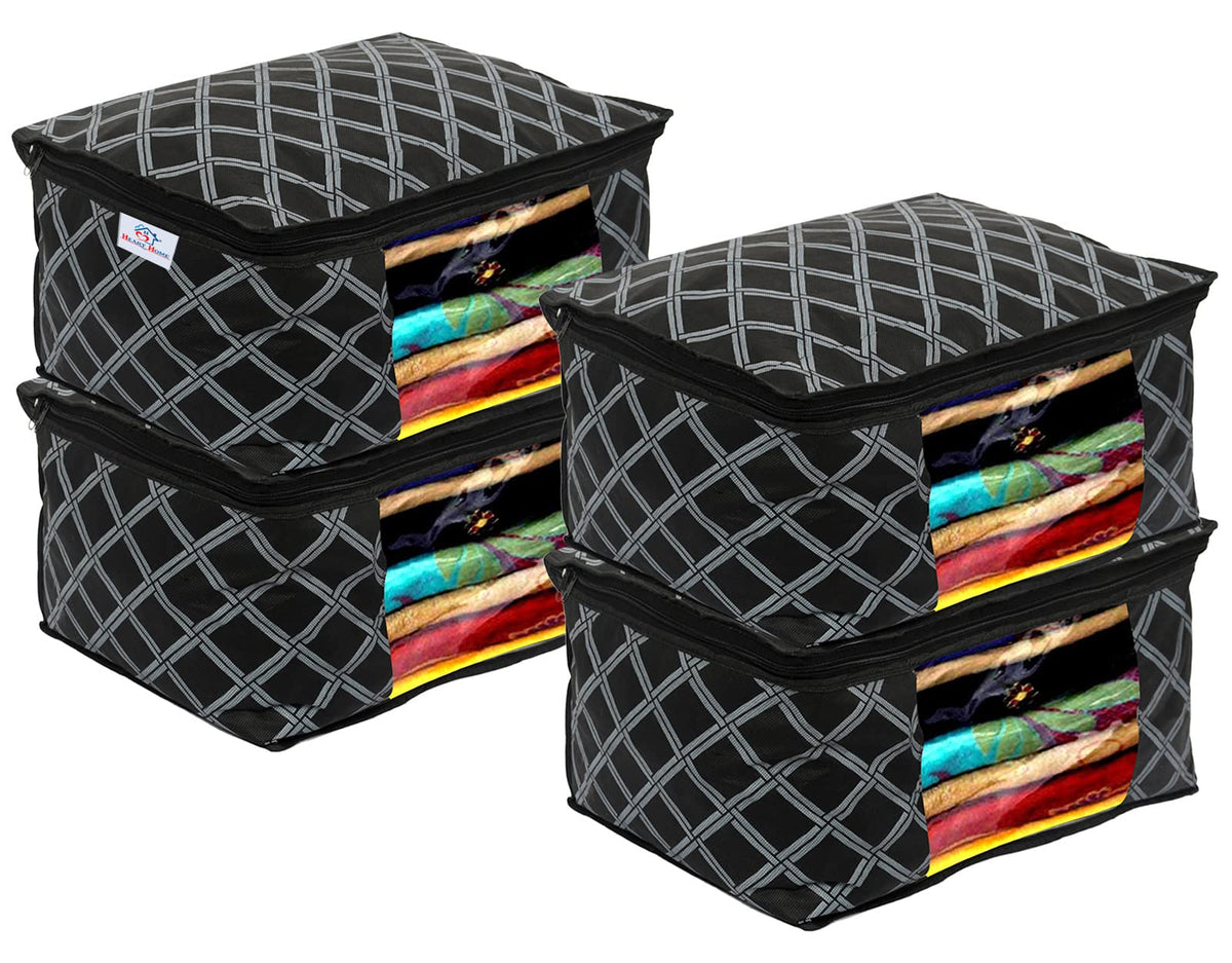 Heart Home Check Print Non-Woven Foldable Saree Cover|Clothes Storage For Saree, Lehenga, Suit With Top Transparent Pack of 4 (Black)