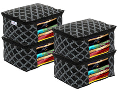 Heart Home Check Print Non-Woven Foldable Saree Cover|Clothes Storage For Saree, Lehenga, Suit With Top Transparent Pack of 4 (Black)