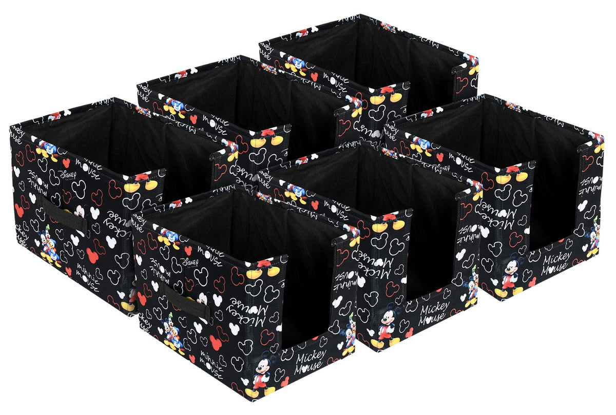 Kuber Industries Disney Mickey Print Non-Woven Fabric 6 Pieces Foldable Cloth Storage Boxes Organizer for Wardrobe With Handle (Black)-KUBMART16077