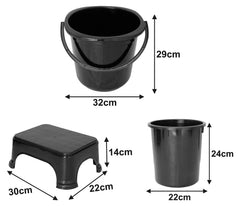 Kuber Industries 3 Pieces Plastic Bucket, Dustbin & Stool Set (Black)