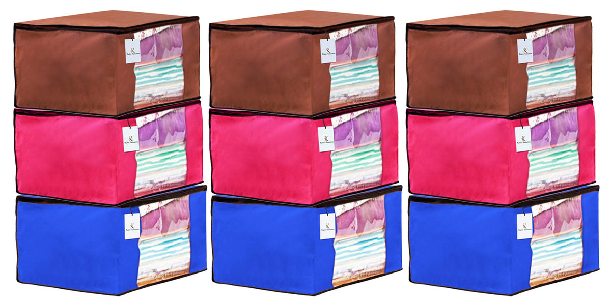 Kuber Industries 9 Piece Non Woven Fabric Saree Cover Set with Transparent Window, Extra Large, Pink,Royal Blue,Dark Brown-CTKTC23752