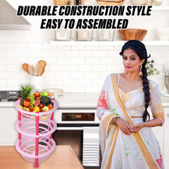 Kuber Industries Storage Basket | Plastic 3 Layer Kitchen Storage Basket | Storage Rack for Kitchen | Multi-Layer Vegetable Rack | Mondeo Floor-Standing Rack | Pink