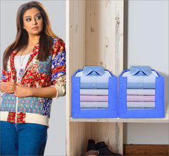 Homestic Pack of 2 Shirt Organizer for Wardrobe|Foldable & Non- woven Shirt Stacker|Designer Cupboard Organizer for Clothes |Clothes Storage box|Sturdy Cardboard Base (Grey and Blue)