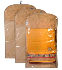 Heart Home Hanging Saree Cover for Clothes Storage|Non Woven Flower Pattern Wardrobe Organizer With Transparent Window|Pack of 3 (Cream)