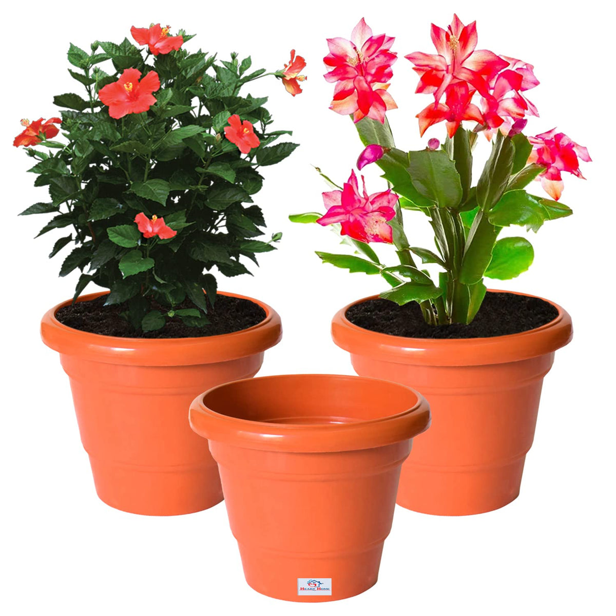 Heart Home Solid 2 Layered Plastic Flower Pot|Gamla for Home Decor,Nursery,Balcony,Garden,8"x 6",Pack of 3 (Orange)