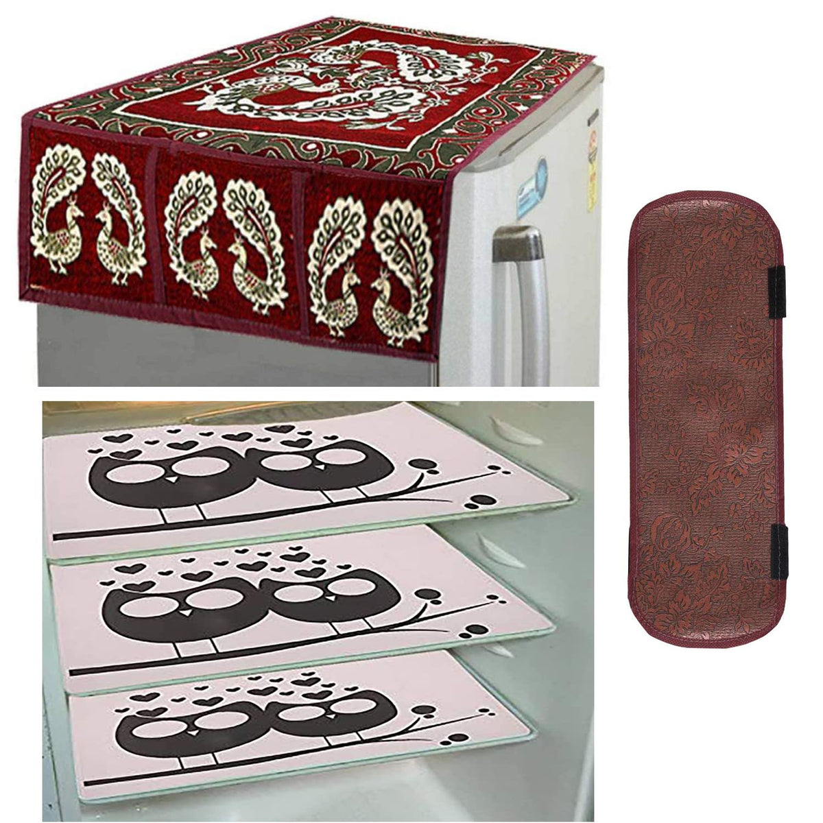 Kuber Industries Cloth 3 Pieces Fridge Mat, 1 Piece Handle Cover and 1 Pieces Fridge Top Cover (Multi)-CTKTC2811