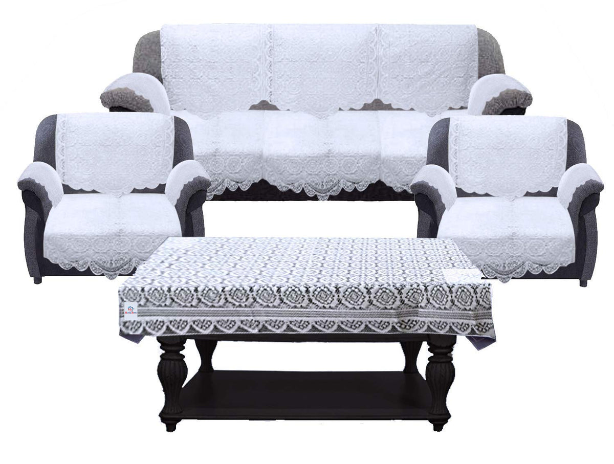 Heart Home Floral Design Use Both Side Cotton Geometric 5 Seater Sofa Cover 178x 74cm with 6 Pieces Arms Cover 74x 61cm and 1 Center Table Cover 74x 61cm HEART12008 - Set of 17 (White)