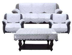 Heart Home Floral Design Use Both Side Cotton Geometric 5 Seater Sofa Cover 178x 74cm with 6 Pieces Arms Cover 74x 61cm and 1 Center Table Cover 74x 61cm HEART12008 - Set of 17 (White)