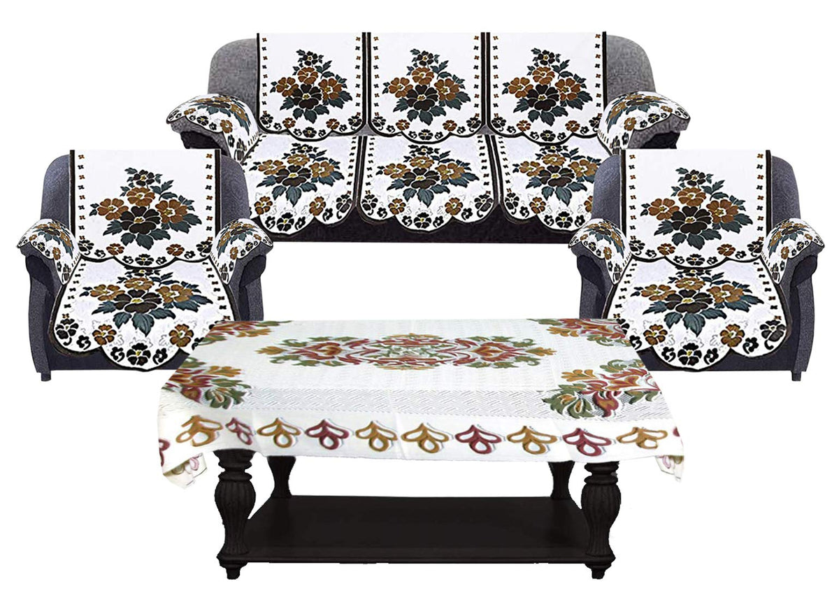 Kuber Industries Flower Design Cotton 5 Seater Sofa Cover Set with 6 Pieces Arms Cover and 1 Center Table Cover (Set of 17, White & Brown, Standard)