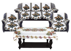 Kuber Industries Flower Design Cotton 5 Seater Sofa Cover Set with 6 Pieces Arms Cover and 1 Center Table Cover (Set of 17, White & Brown, Standard)