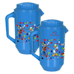 Heart Home Multiuses Mickey & Friends Print Leak Proof Unbreakable Plastic Water Jug with Lid for Water, Juice, Milk 2 Liter Pack of 2 (Blue)