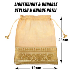 Kuber Industries Potli | Tissue Fabric with Banarasi Border | Wallet Potli | Traditional Indian Drawstring Bags for Wedding | Shagun | 7x9 Inch | Pack of 2 | Golden