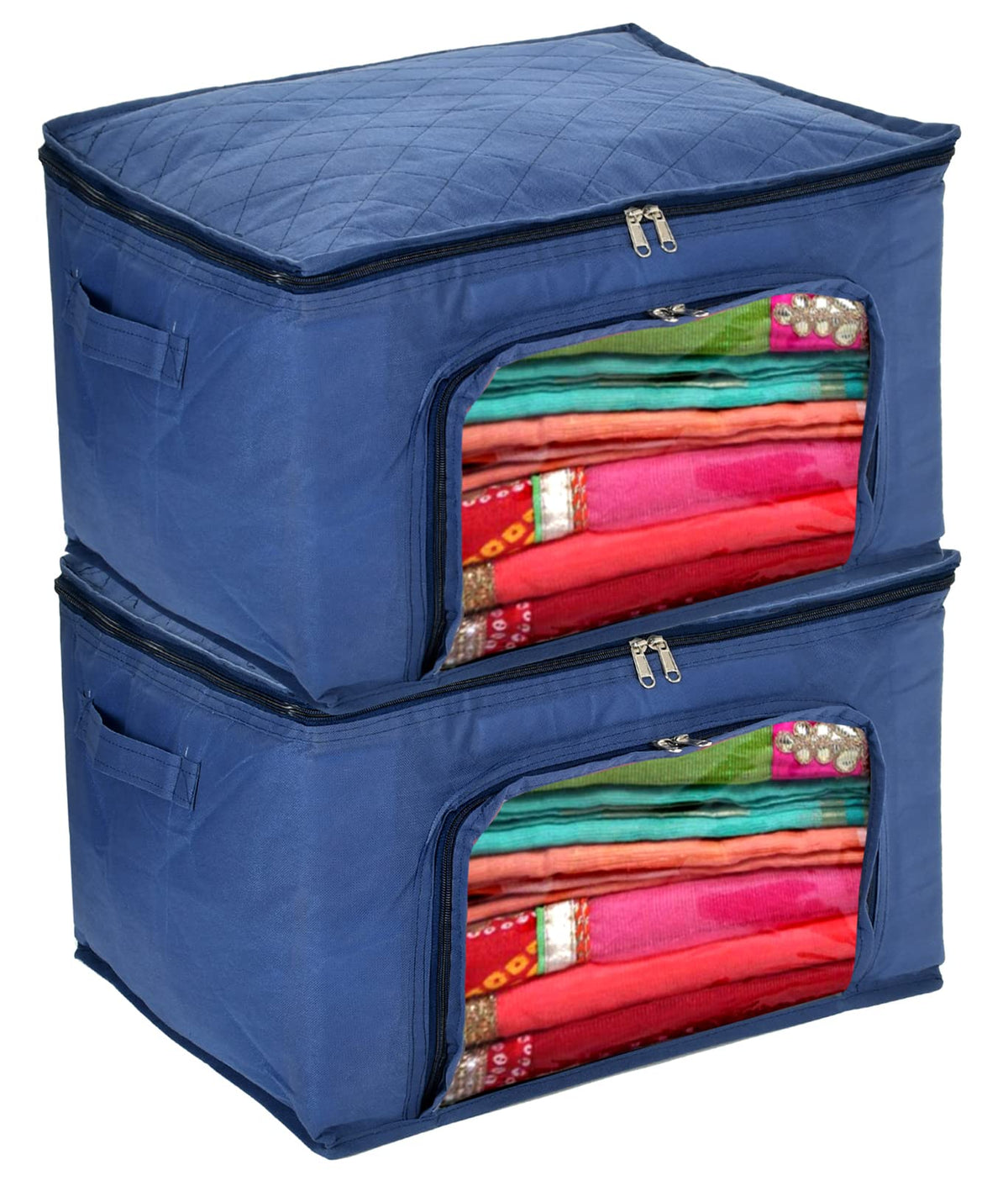Kuber Industries Non-Woven Living Box, Underbed Storage, Cloth Storage Boxes for Wardrobe With Window Pack of 2 (Blue) 54KM4094