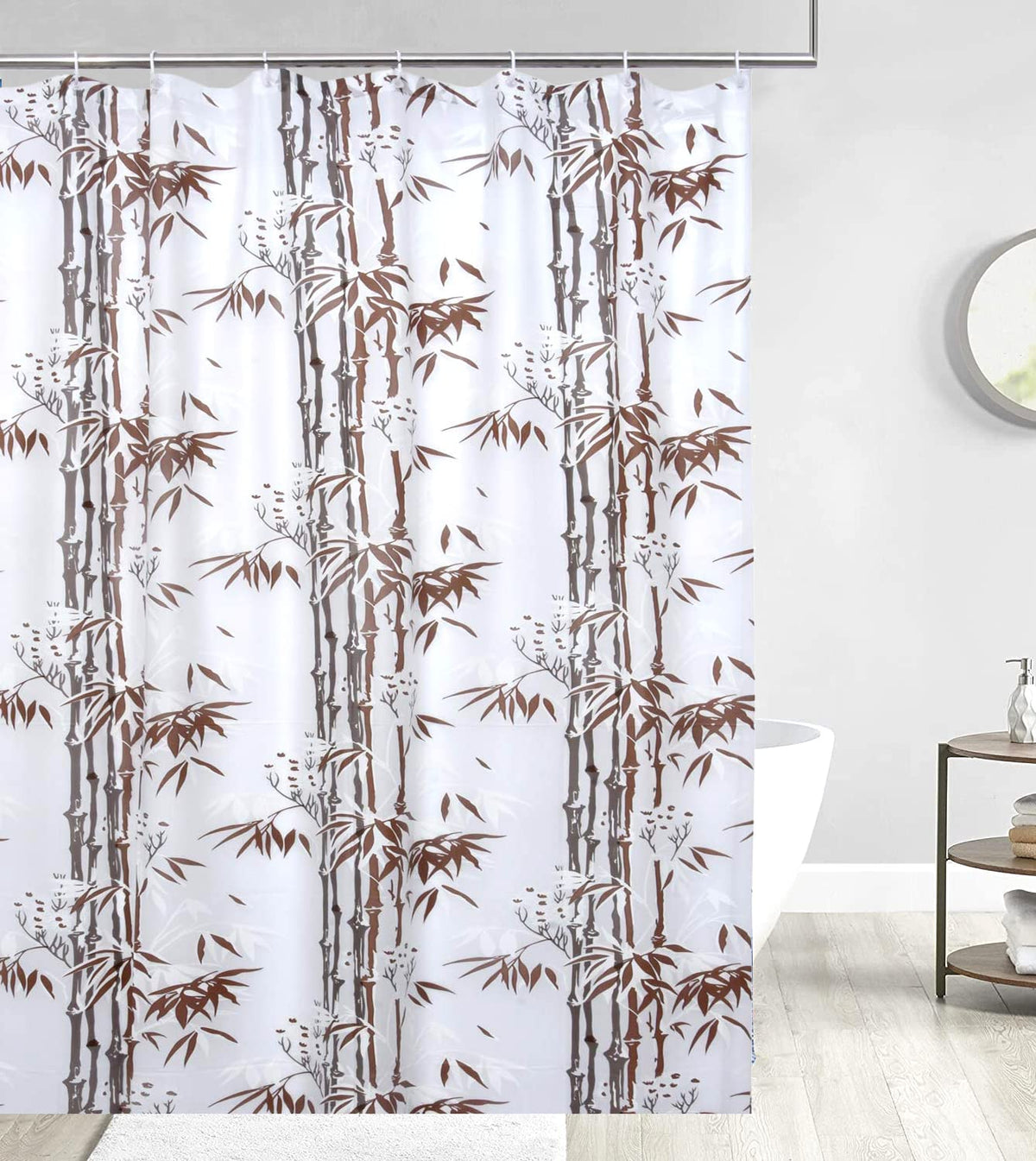 Heart Home Bamboo Printed Stain Resistant, No Odor, Waterproof PVC AC/Shower Curtain with Hooks,7 Feet (Brown)