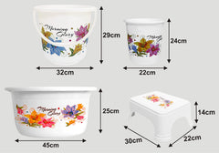 Heart Home Printed 4 Pieces Unbreakable Virgin Plastic Multipurpose Bucket, Stool, Dustbin & Tub Set (White)