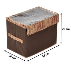 Heart Home Wooden Design Multiuses Medium Non-Woven Storage Box/Organizer With Tranasparent Lid- Pack of 2 (Brown) -44HH0437