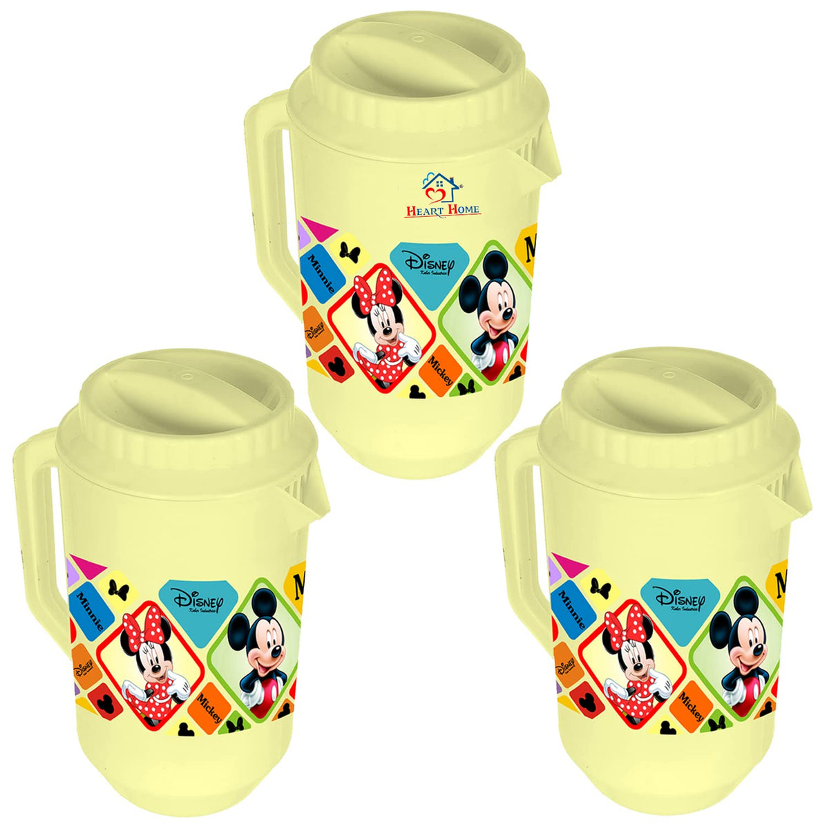 Heart Home Mickey Minnie Print Unbreakable Plastic Water Jug with Lid for Home, Kitchen, Office 2 Liter Pack of 3 (Cream)