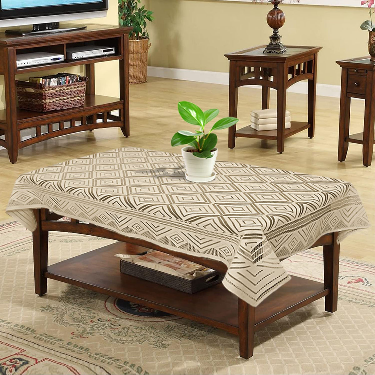 Heart Home Argyle Printed Cotton 4 Seater Center Table Cover,40"x60" (Cream)-44HH023