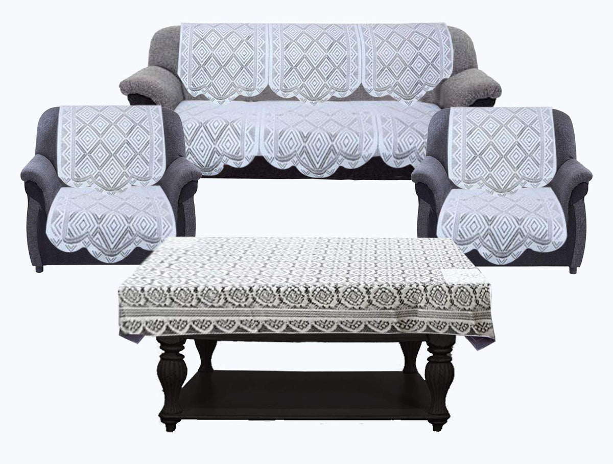 Kuber Industries Cotton 5 Seater Sofa Cover with Center Table Cover, 70" x 29", 7 Piece, White