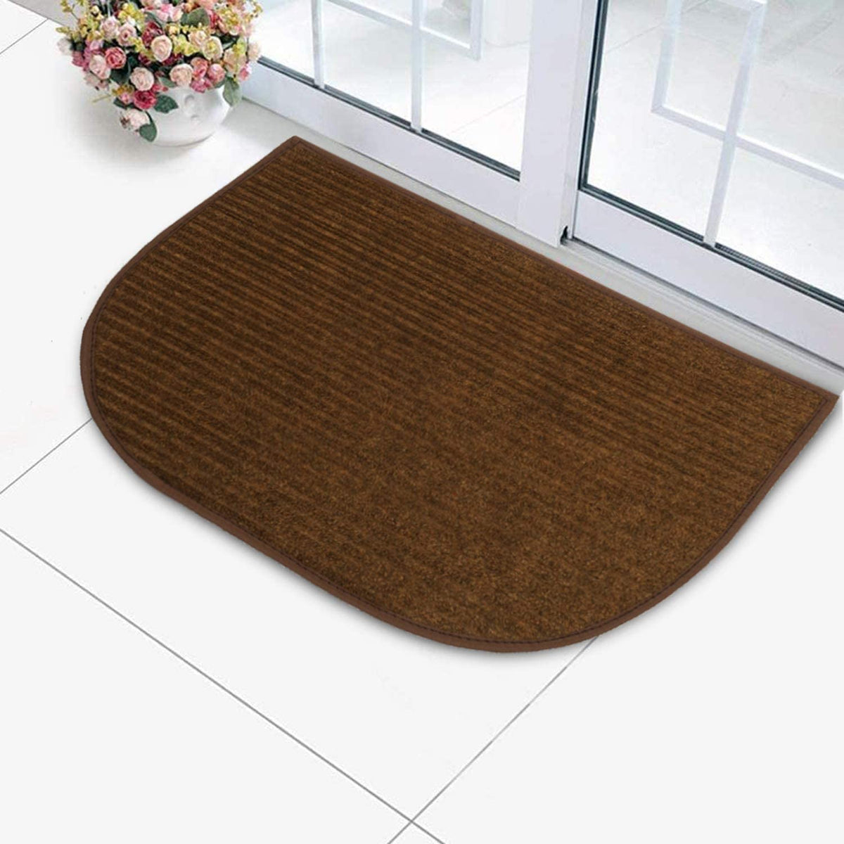 Kuber Industries D Shape Strips Design Microfiber Non-Slip Door Mat for Outdoor, Indoor 21 in. x 13 in. (Brown)