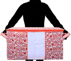Kuber Industries Leaf Design Non Woven 3 Pieces Saree Cover and 2 Pieces Underbed Storage Bag, Cloth Organizer for Storage, Blanket Cover Combo Set (Red) - CTKTC038669