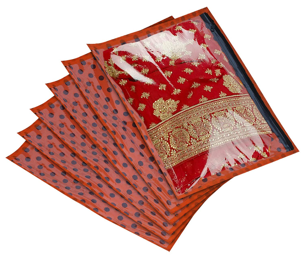 Kuber Industries Dot Printed Tranasparent Non Woven Single Saree Cover- Pack of 6 (Orange)-HS_38_KUBMART21638