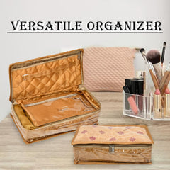 Heart Home Jewellery Kit | Satin Flower Embroidery Locker Kit | 3+3+1 Detachable Pouch Cosmetic Kit | Makeup Storage Kit for Watches | Bracelets | Earring | Golden