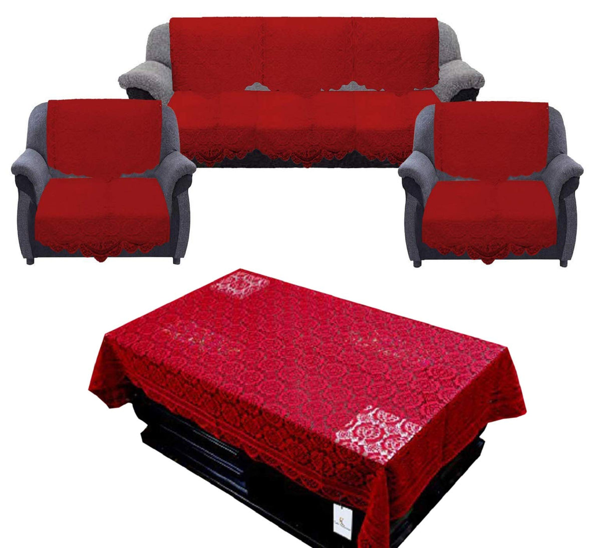 Kuber Industries Circle Design Cotton 7 Piece 5 Seater Sofa Cover with Center Table Cover, CTKTC028717 (Maroon, Standard)