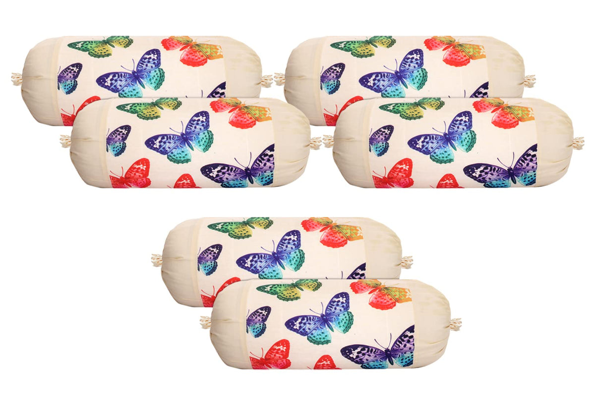 Kuber Industries Bolster Cover|Polyester Bolster Cover Set|Diwan Round Bolster Pillow Covers|Luxurious Butterfly Print Roll Masand Cover|Pack of 6 (Cream)