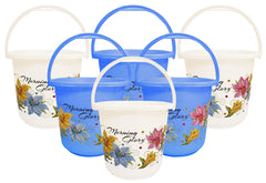 Kuber Industries Floral Print 6 Pieces Unbreakable Strong Plastic Bathroom Bucket 16 LTR (White & Blue) -CTKTC42872
