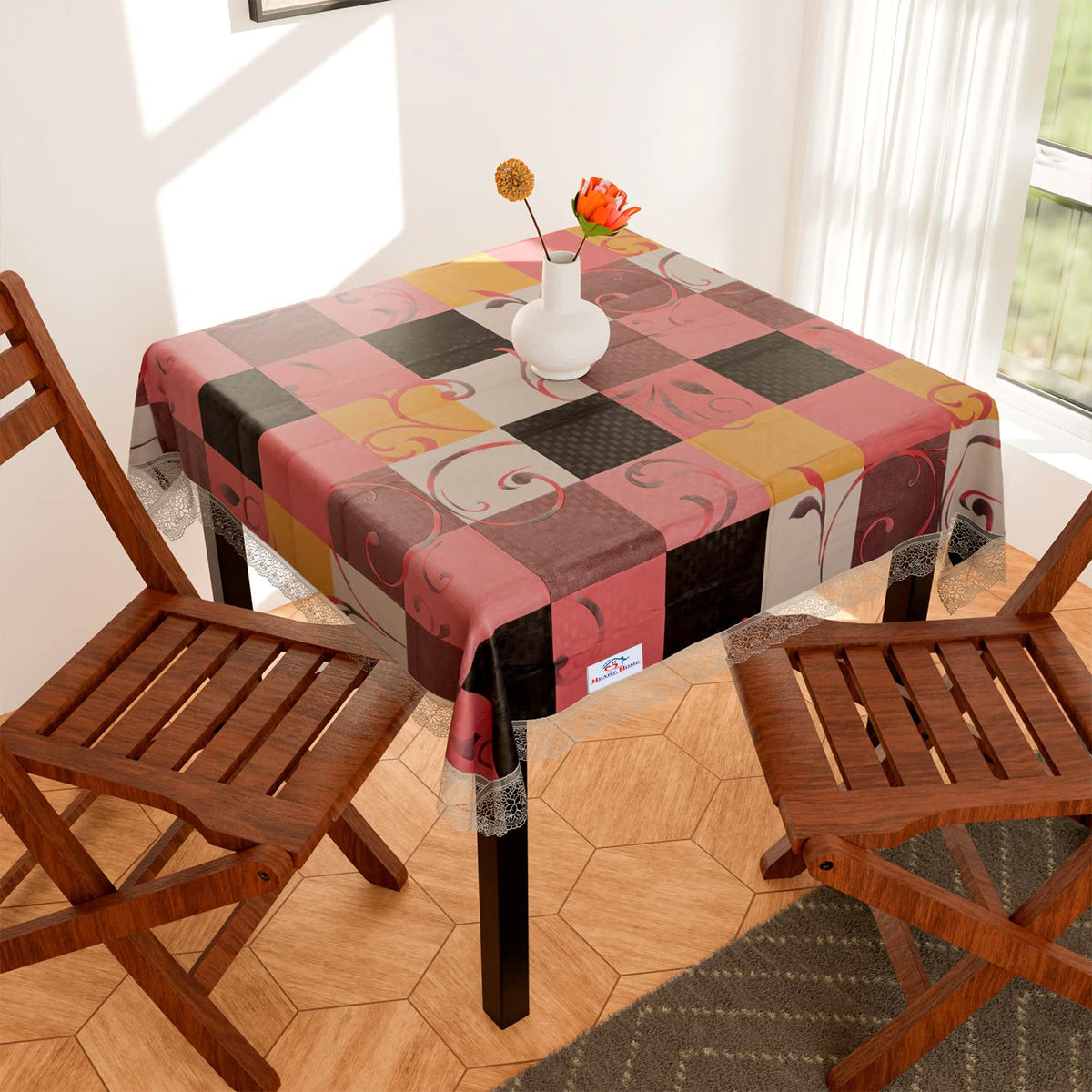 Heart Home Square Table Cover for 4 Seater|PVC Waterproof Floral Check Pattern Tablecloth Indoor & Outdoor|48x48 Inch (Multicolor)