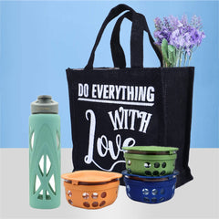 Kuber Industries Lunch Bag|Reusable Jute Fabric Tote Bag|Durable & Attractive Print Tiffin Carry Hand Bag with Handle for Office,School,Gift,Pack of 3 (Multicolor)