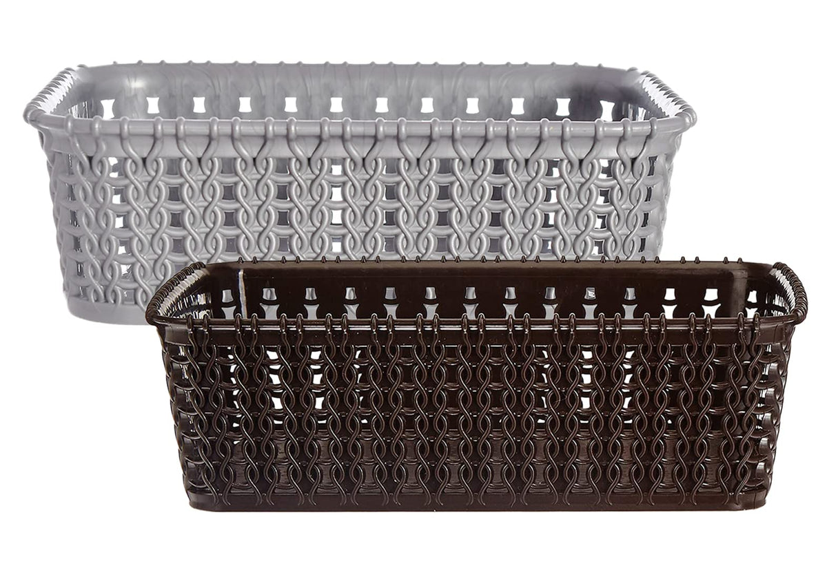Heart Home Multipurposes Small M 15 Plastic Basket, Organizer for Kitchen, Countertops, Cabinets, Bathrooms Without Lid- Pack of 2 (Grey & Brown) -46KHH0126,Standard