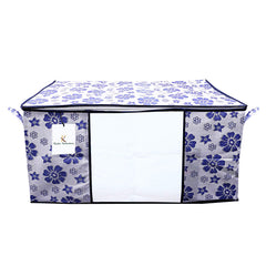 Kuber Industries Flower Design 3 Piece Non Woven Underbed Storage Bag, Storage Organiser, Blanket Cover with Transparent Window, Extra Large, Royal Blue CTKTC034523