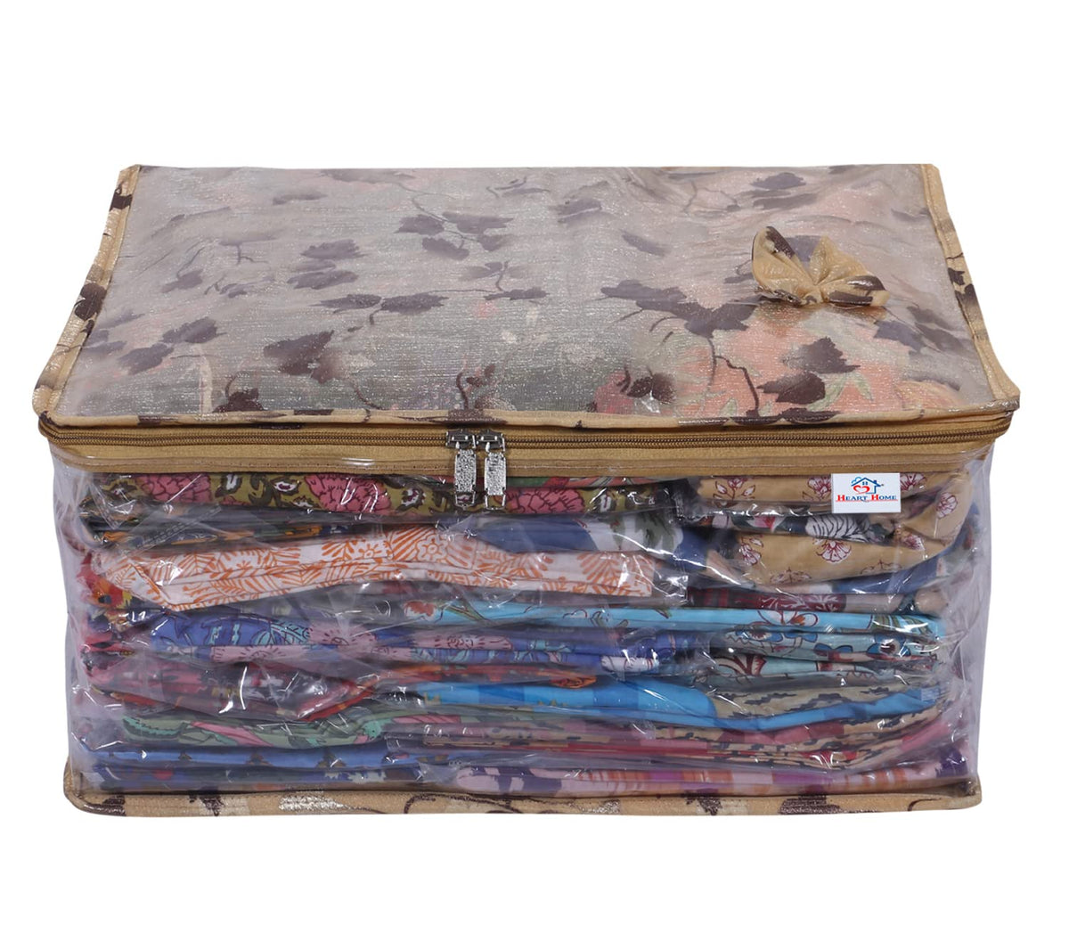 Heart Home Multiuses PVC Flower Print Wardrobe Organizer/Storage Bag For Store Saree, Lehenga, Suit, Dress, Clothes With Transparent Window (Beige) 52HH4074