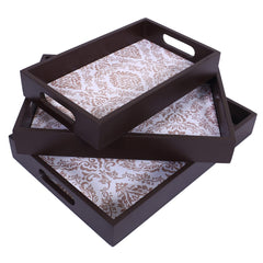 Kuber Industries Nested Serving Trays|Wooden Damask Gold Design Farmhouse Platter|Rectangular Shape Coffee Table Trays with Handle for Kitchen,Dining Area,Set of 3 (Brown)