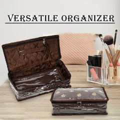 Heart Home Jewellery Kit | Satin Flower Embroidery Locker Kit | 3+3+1 Detachable Pouch Cosmetic Kit | Makeup Storage Kit for Watches | Bracelets | Earring | Brown