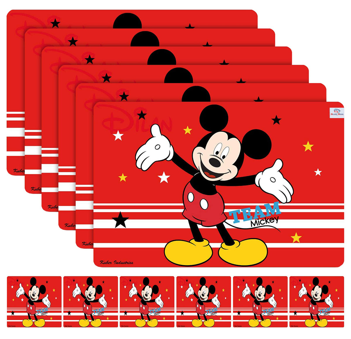 Heart Home Disney Team Mickey Printed PVC Dining Table Placemats with Tea Coaster Set, Set of 12 (Red)