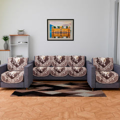 Heart Home Sofa Cover Set | Sofa Slip Cover Set | Brown Check Border Sofa Cover | Velvet 5 Seater Couch Cover | Sofa Slipcover Set | Sofa Cover for Living Room | Cream