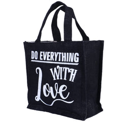 Heart Home Lunch Bag|Reusable Jute Fabric Tote Bag|Do Everything with Love Print Tiffin Carry Hand Bag with Handle for Office,School,Gift,Pack of 3 (Black)